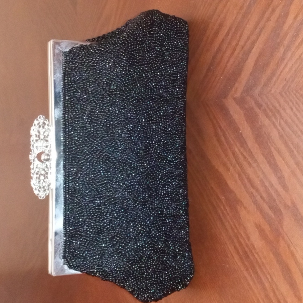 La Regale Black and Silver Beaded Evening  Clutch Purse.